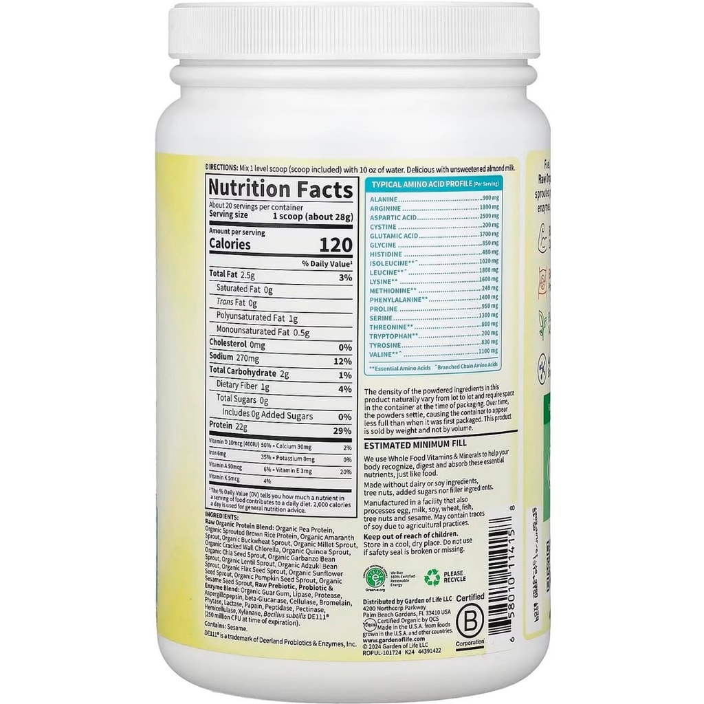 بروتين خام عضوي غير منكه من جاردن أوف لايف (560 جم) - Garden of Life RAW Organic Protein, Unflavored, 1 lb 3.75 oz 6