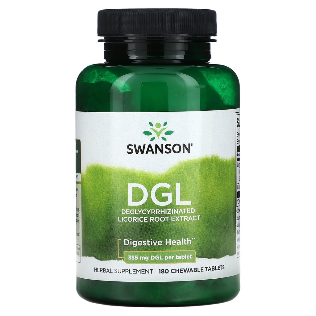 صورة أمامية لعبوة سوانسون DGL 385 ملغ، 180 قرص قابل للمضغ 1